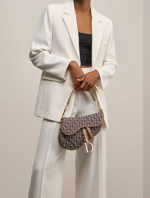 Dior Saddle Medium Fabric Light Brown on Model | Sell your designer bag