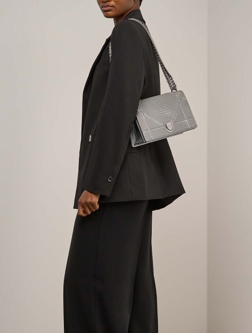 Dior Diorama Medium Patent Silver on Model | Sell your designer bag