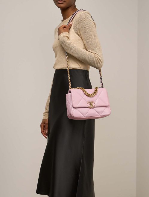 Chanel 19 Flap Bag Lamb Light Pink on Model | Sell your designer bag