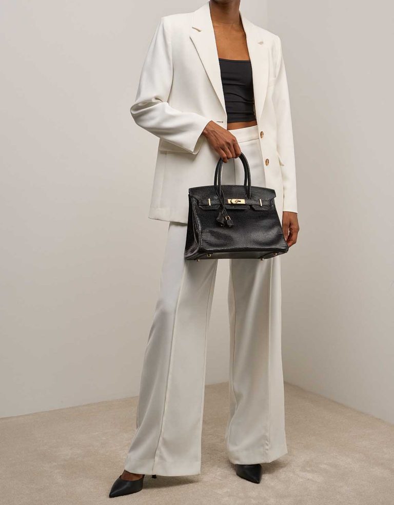 Hermès Birkin 30 Salvator Lizard Schwarz Front | Verkaufen Sie Ihre Designer-Tasche