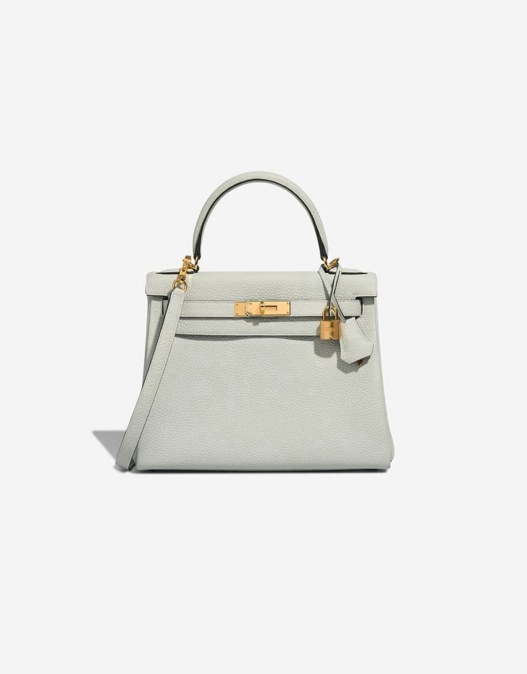 Pre-owned Hermès bag Kelly 28 Taurillon Clémence Gris Neve Green | Sell your designer bag on Saclab.com