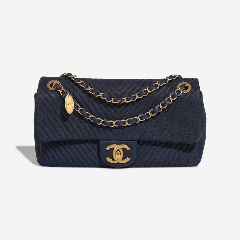 Chanel Timeless Surpique Medium Crinkled Calf Blue Front | Sell your designer bag