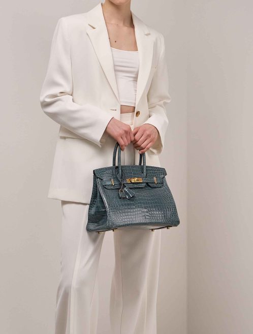 Hermès Birkin 30 Porosus Crocodile Bleu Tempête on Model | Sell your designer bag