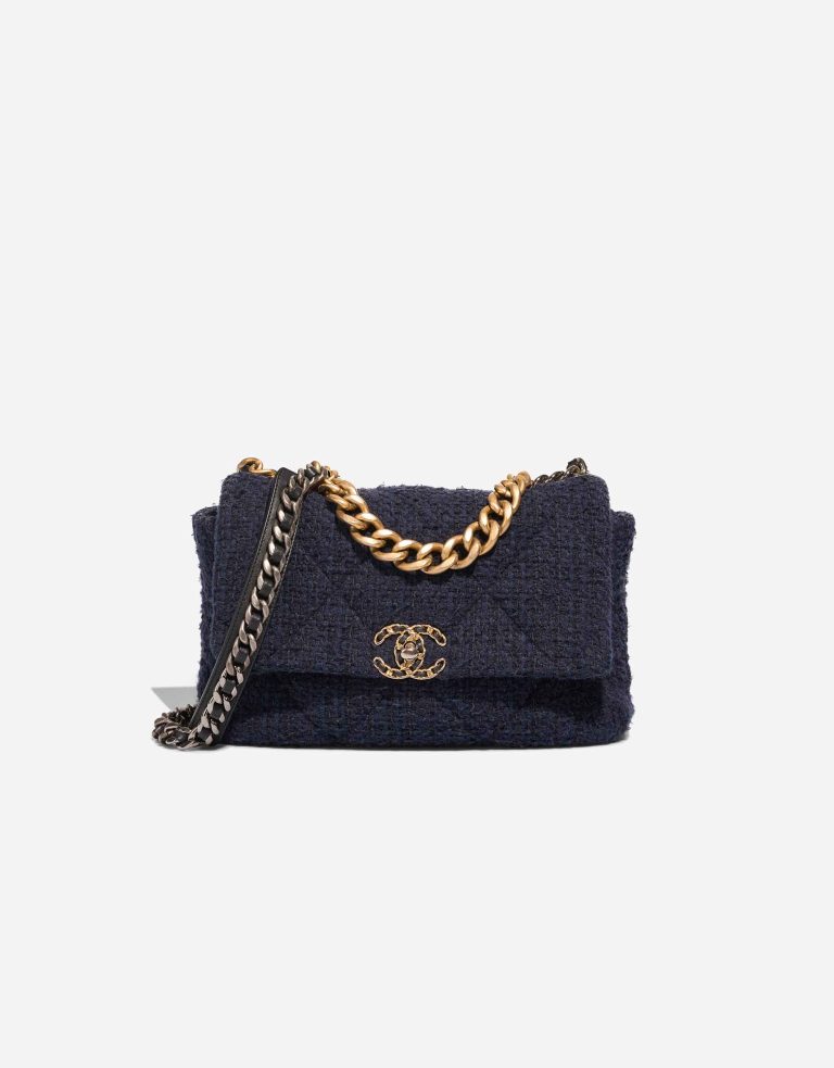 Chanel 19 Flap Bag Tweed / Lamb Dark Blue / Black Front | Sell your designer bag