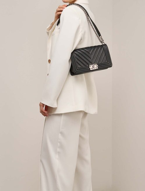 Chanel Boy Old Medium Lamb Black on Model | Sell your designer bag