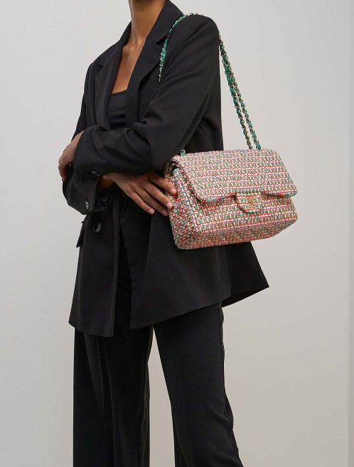 Chanel Timeless Jumbo Tweed Multicolour / Beige / Turquoise / Orange / Neon Pink on Model | Sell your designer bag