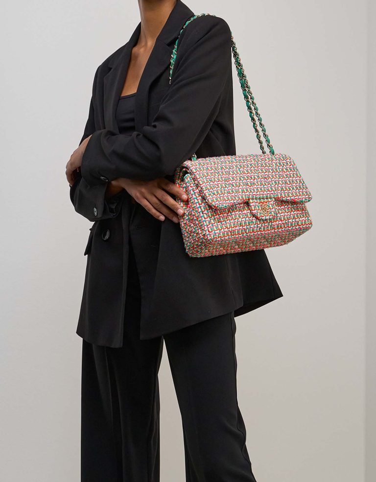 Chanel Timeless Jumbo Tweed Multicolour / Beige / Turquoise / Orange / Neon Pink Front | Sell your designer bag