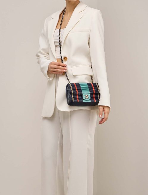 Chanel Timeless Mini Rectangular Lamb / Satin Dark Blue / Multicolour on Model | Sell your designer bag