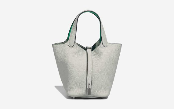 Hermès Picotin 18 Taurillon Clémence / Swift Gris Neve / Vert Comics Front | Vendre votre sac de créateur