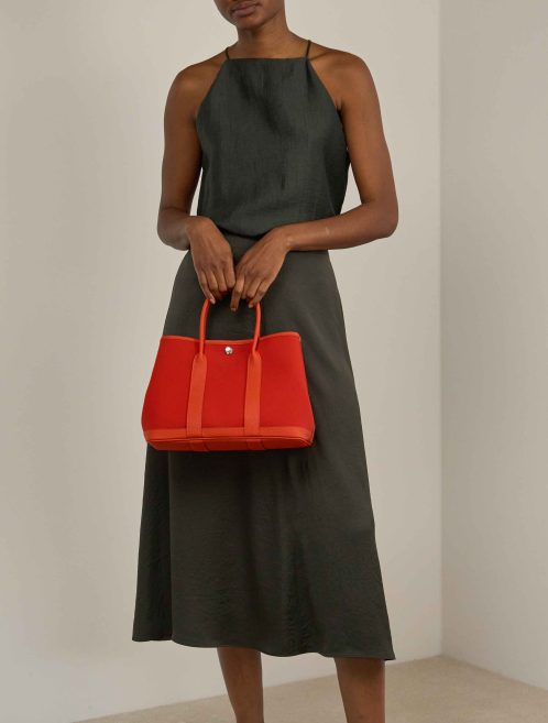 Hermès Garden Party 30 Toile / Taurillon Clémence Orange Mécano / Cuivre / Capucine on Model | Sell your designer bag