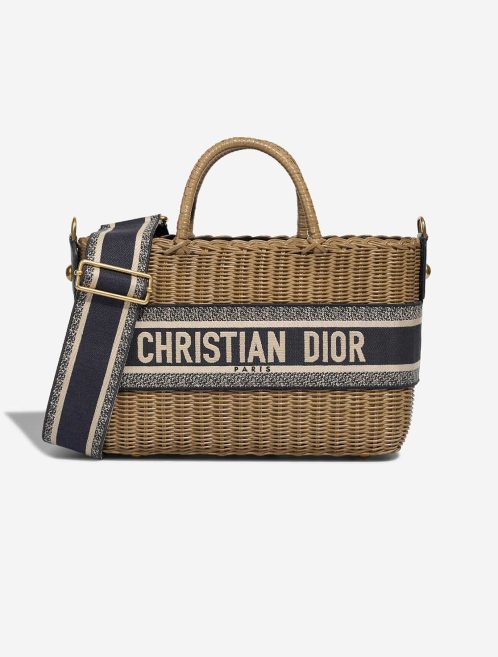 Dior Basket Bag Medium Wicker / Canvas Blau / Camel / Beige Front | Verkaufen Sie Ihre Designer-Tasche