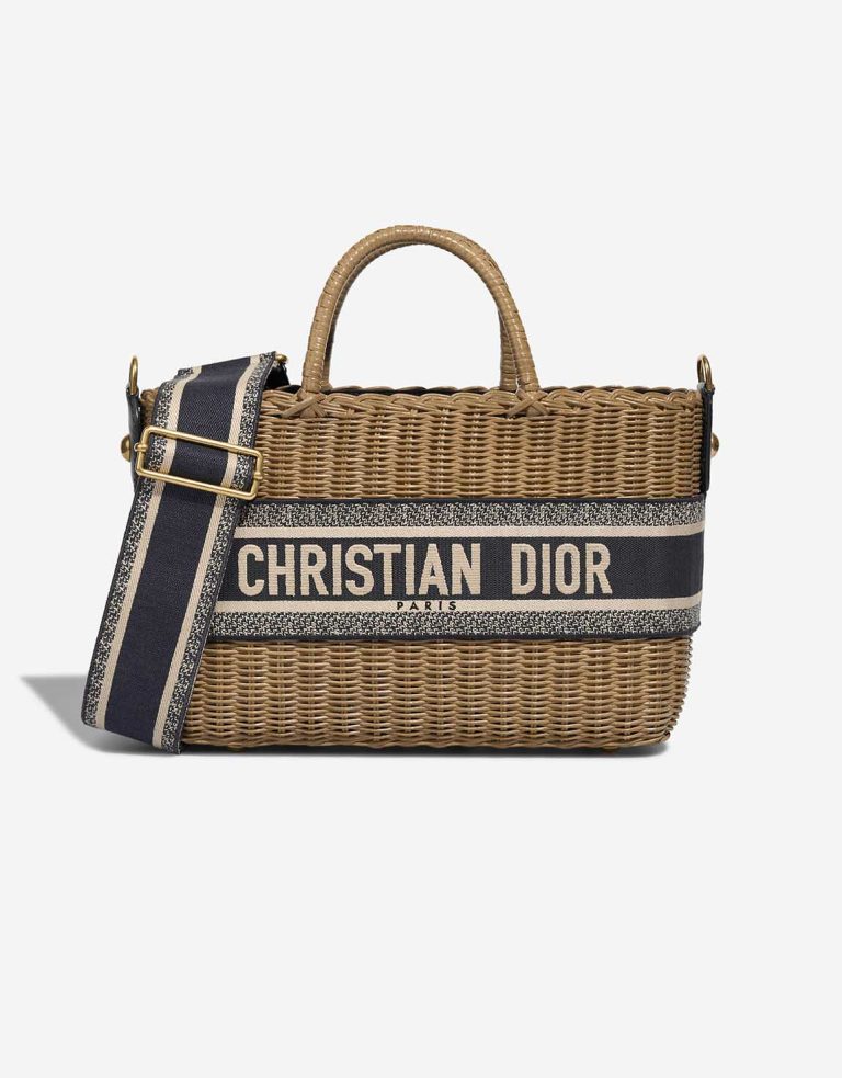Dior Basket Bag Medium Wicker / Canvas Blue / Camel / Beige Front | Sell your designer bag
