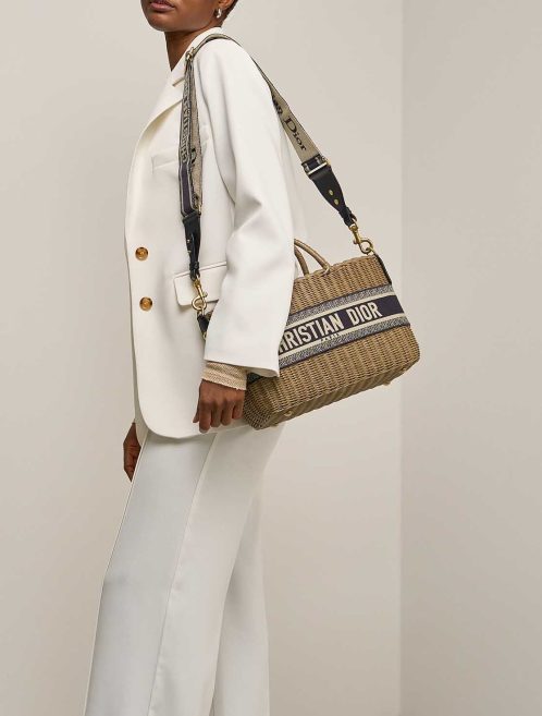 Dior Basket Bag Medium Wicker / Canvas Blue / Camel / Beige on Model | Sell your designer bag