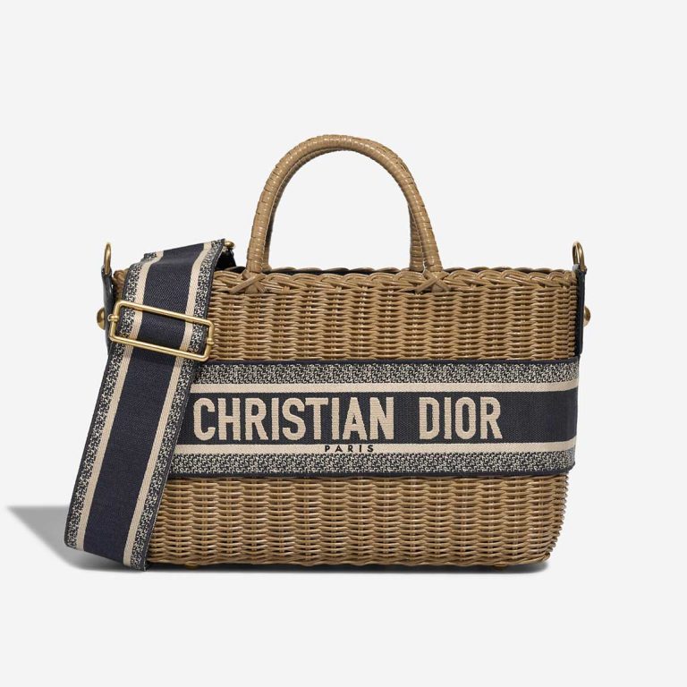 Dior Basket Bag Medium Wicker / Canvas Blue / Camel / Beige Front | Sell your designer bag