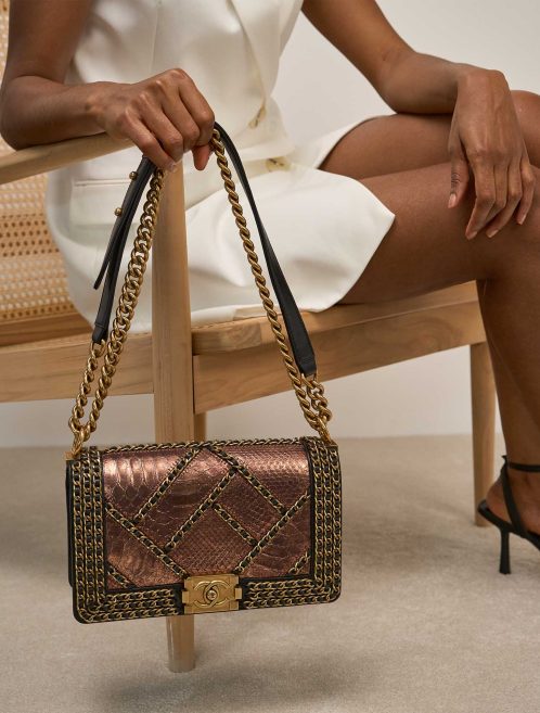 Chanel Boy Old Medium Python / Lamb Copper / Black on Model | Sell your designer bag