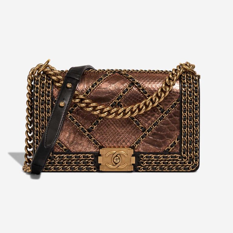 Chanel Boy Old Medium Python / Lammleder Copper / Black Front | Verkaufen Sie Ihre Designer-Tasche