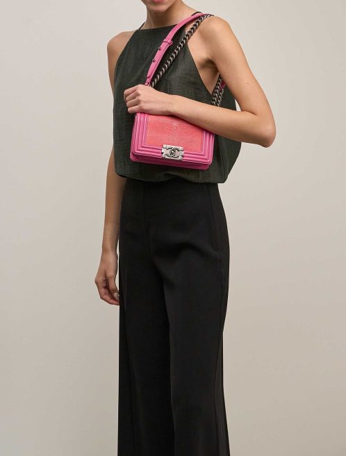 Chanel Boy Small Lamb / Stingray Pink on Model | Sell your designer bag