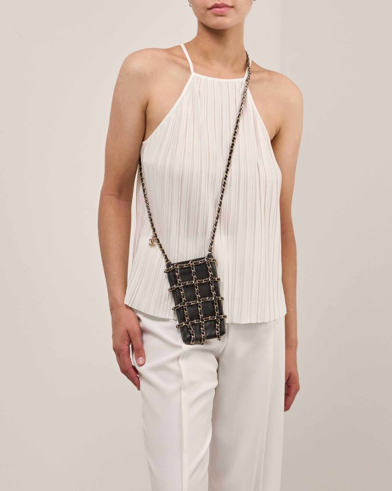 Chanel Phone Holder Lamb Black Front | Sell your designer bag
