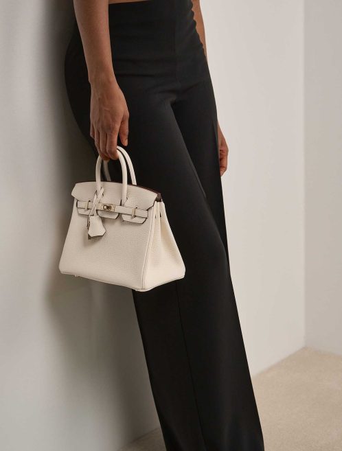 Hermès Birkin 25 Togo Nata / Gris Pâle auf Modell | Verkaufen Sie Ihre Designer-Tasche