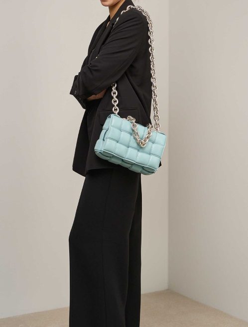 Bottega Veneta Cassette Lamb Turquoise on Model | Sell your designer bag