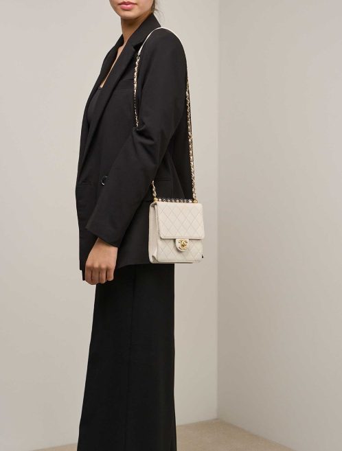 Chanel Timeless Mini Square Lamb White on Model | Sell your designer bag