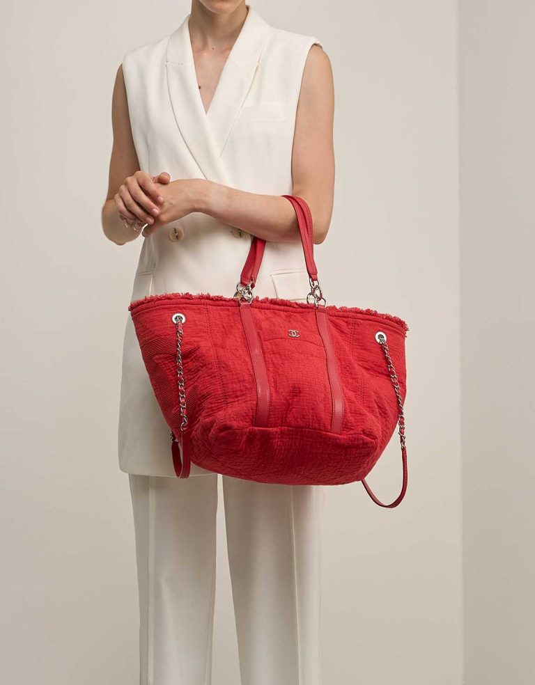 Chanel Deauville Medium Canvas Red on Model | Sell your designer bag