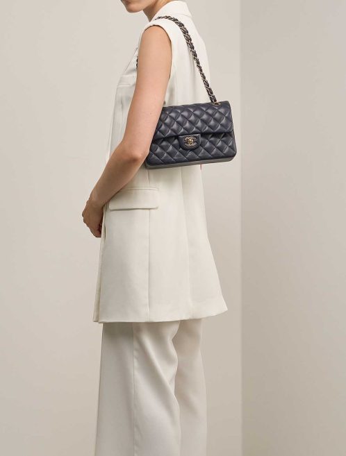 Chanel Timeless Small Lamb Dark Blue on Model | Sell your designer bag