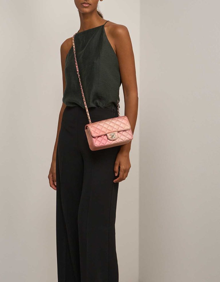 Chanel Timeless Flap Bag Mini Rectangular Lamb Bronze on Model | Sell your designer bag