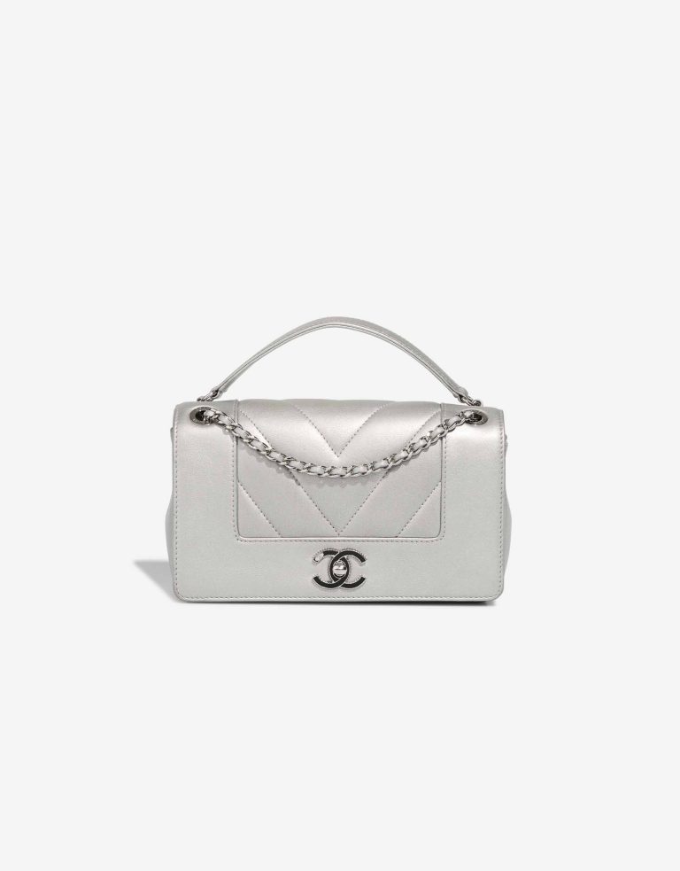 Chanel Mademoiselle Flap Small Goatskin Chevron Silver Front | Sell your designer bag