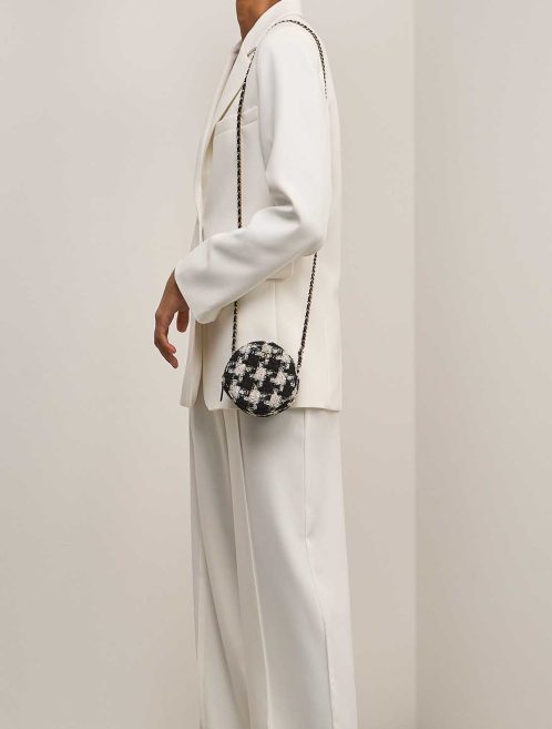 Chanel Round Clutch Tweed Black / White on Model | Sell your designer bag