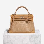 Hermès Kelly 32 Grand Mirage Ostrich / Niloticus Lizard / Matte Alligator Poussière / Toffee Front | Sell your designer bag