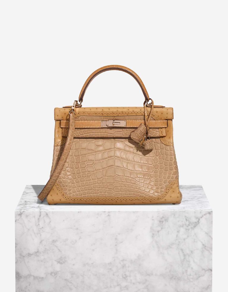 Hermès Kelly 32 Grand Mirage Ostrich / Niloticus Lizard / Matte Alligator Poussière / Toffee Front | Sell your designer bag