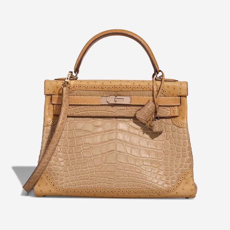 Hermès Kelly 32 Grand Mirage Ostrich / Niloticus Lizard / Matte Alligator Poussière / Toffee Front | Sell your designer bag