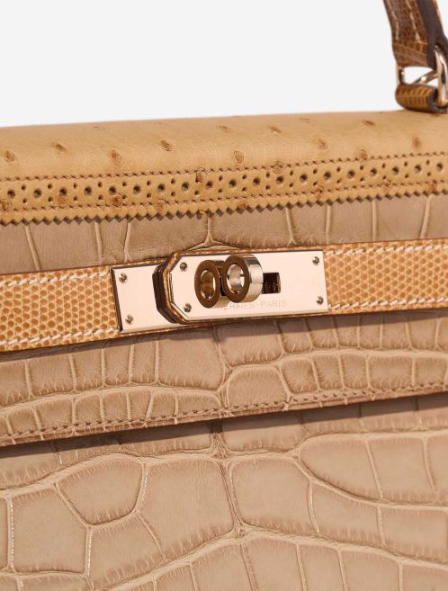 Hermès Kelly 32 Grand Mirage Ostrich / Niloticus Lizard / Matte Alligator Poussière / Toffee Closing System | Sell your designer bag