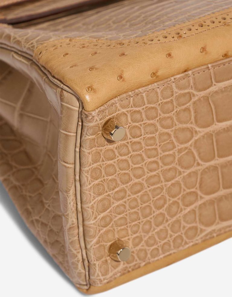 Hermès Kelly 32 Grand Mirage Ostrich / Niloticus Lizard / Matte Alligator Poussière / Toffee Signs of wear | Sell your designer bag