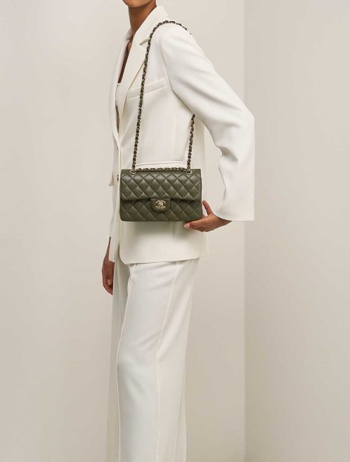 Chanel Timeless Small Lamb Khaki on Model | Sell your designer bag