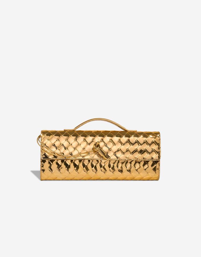 Bottega Veneta Andiamo Clutch Patent Metallic Gold Front | Sell your designer bag