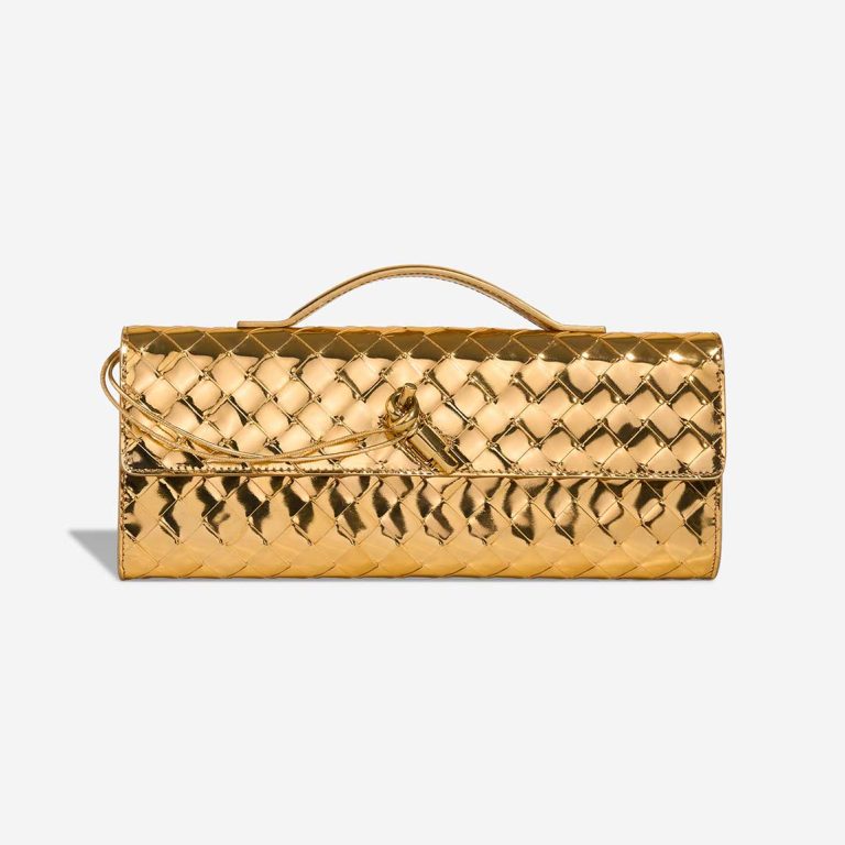 Bottega Veneta Andiamo Clutch Patent Metallic Gold Front | Verkaufen Sie Ihre Designer-Tasche