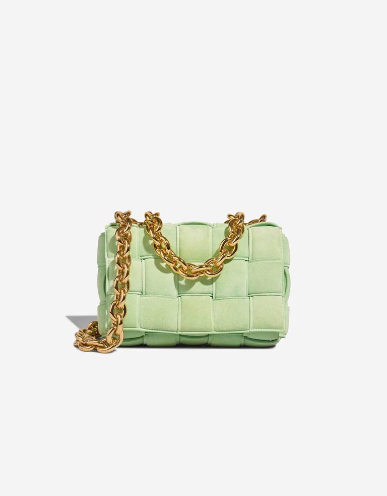 Bottega Veneta Cassette Suede Light Green Front | Vendez votre sac de créateur