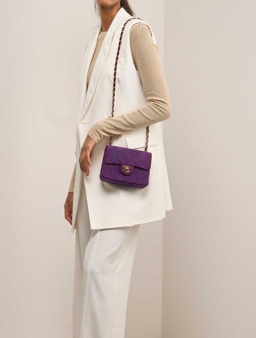 Chanel Timeless Mini Square Suede Violet on Model | Sell your designer bag