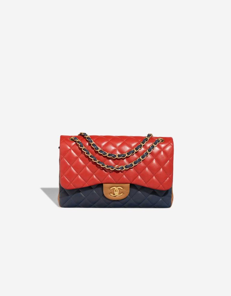 Chanel Timeless Jumbo Lammleder Blau / Rot / Braun Front | Verkaufen Sie Ihre Designer-Tasche