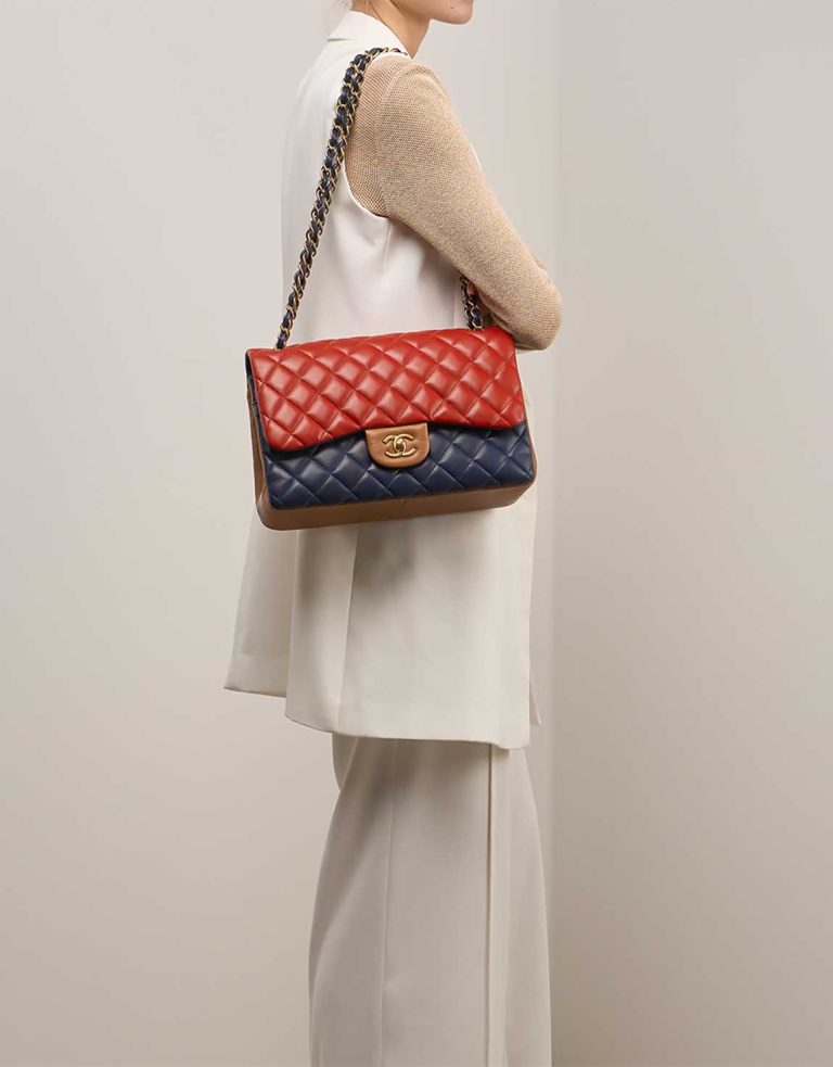 Chanel Timeless Jumbo Lamb Blue / Red / Brown Front | Sell your designer bag