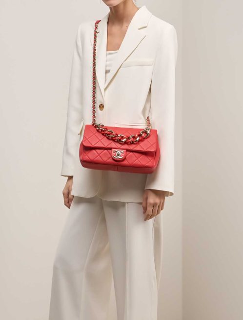 Chanel Timeless Flap Bag Small Coated Lamb Red on Model | Sell your designer bag