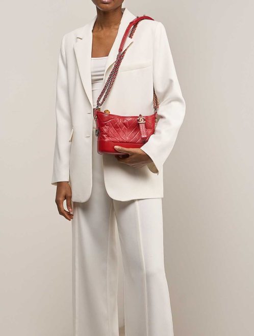 Chanel Gabrielle Small Lamb Red on Model | Sell your designer bag