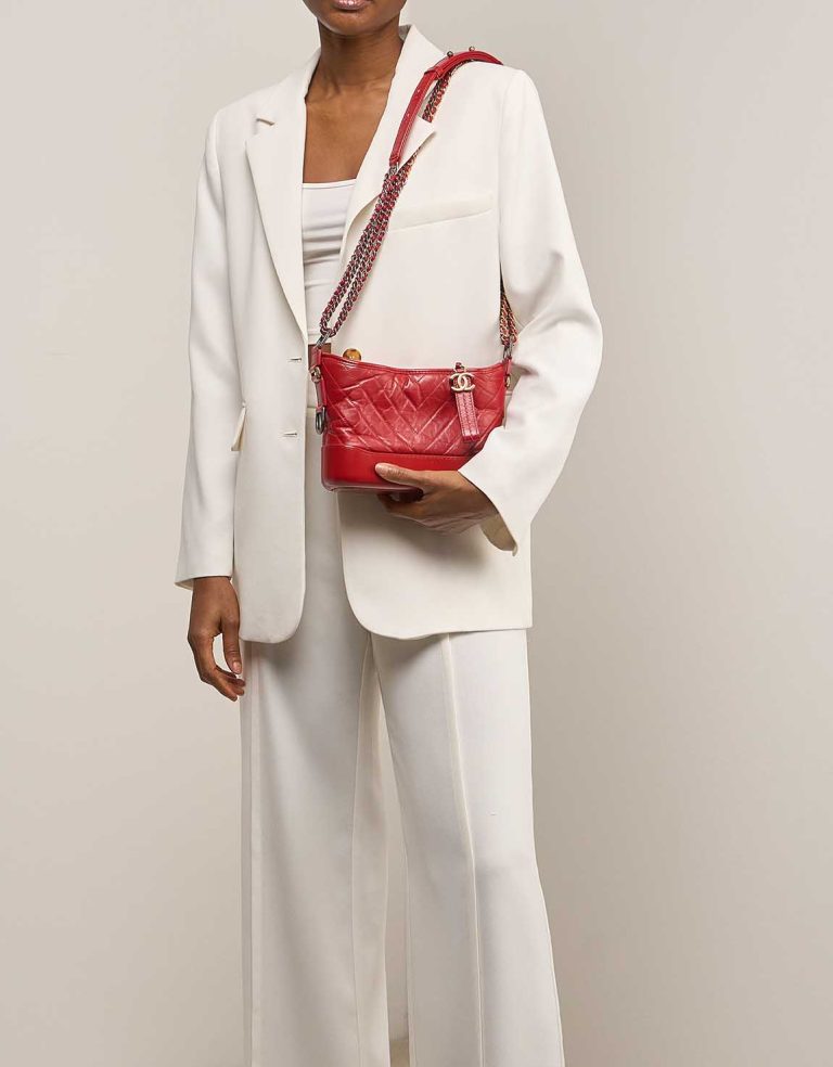 Chanel Gabrielle Small Lamb Red on Model | Sell your designer bag