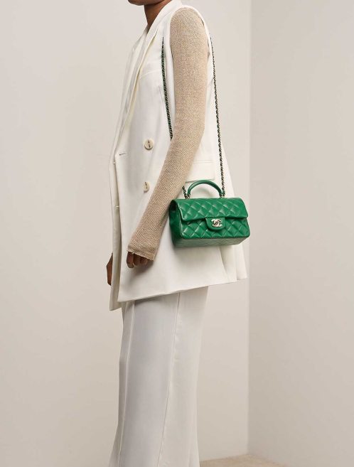 Chanel Timeless Handle Mini Rectangular Lamb Green on Model | Sell your designer bag