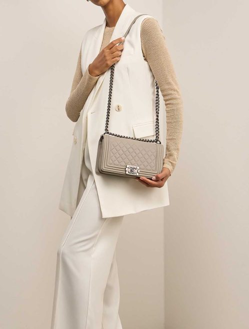 Chanel Boy New Medium Lamb Grey on Model | Sell your designer bag