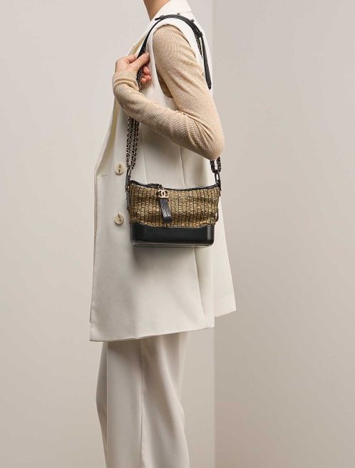 Chanel Gabrielle Small Tweed / Lamb Black / Gold on Model | Sell your designer bag