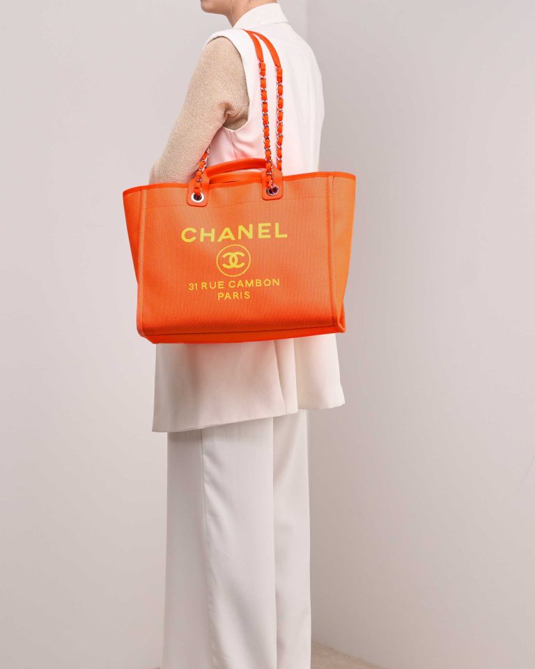 Chanel Deauville Large Canvas Neon Orange / Neon Yellow Front | Sell your designer bag