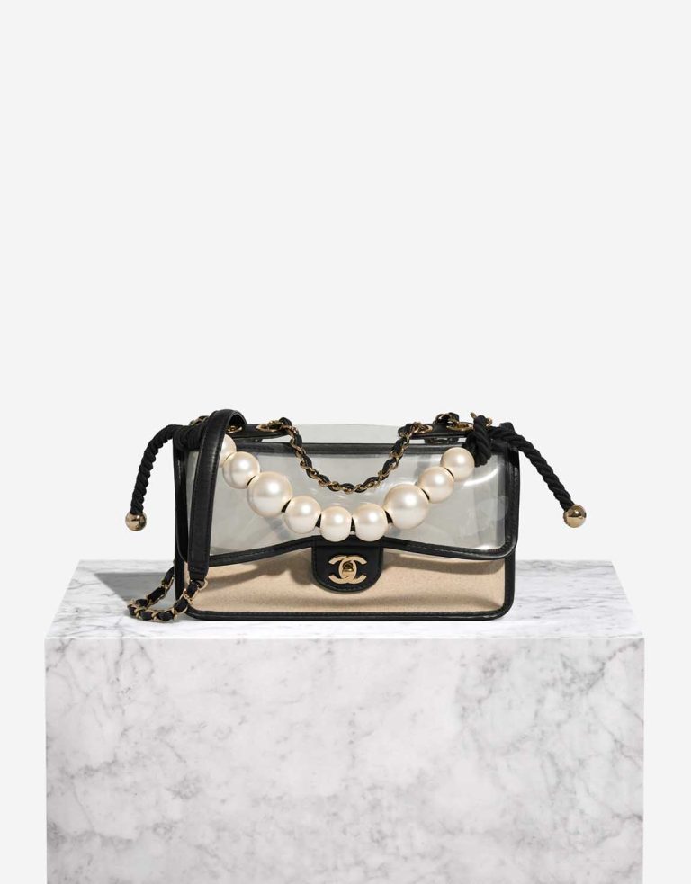 Pre-owned Chanel bag Timeless ‘Sand By The Sea’ Medium Lamb / PVC / Pearls Black / Beige Beige | Sell your designer bag on Saclab.com